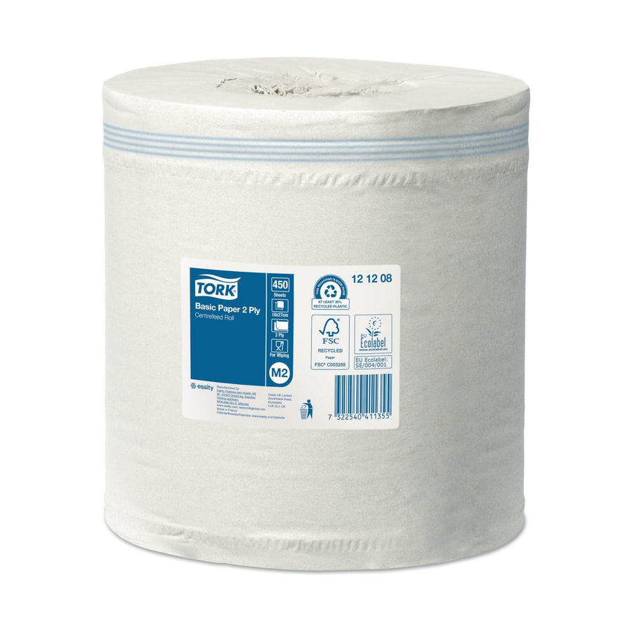 Bobine d'essuyage à dévidage central Tork M2 blanc 450 formats 2 plis Écolabel