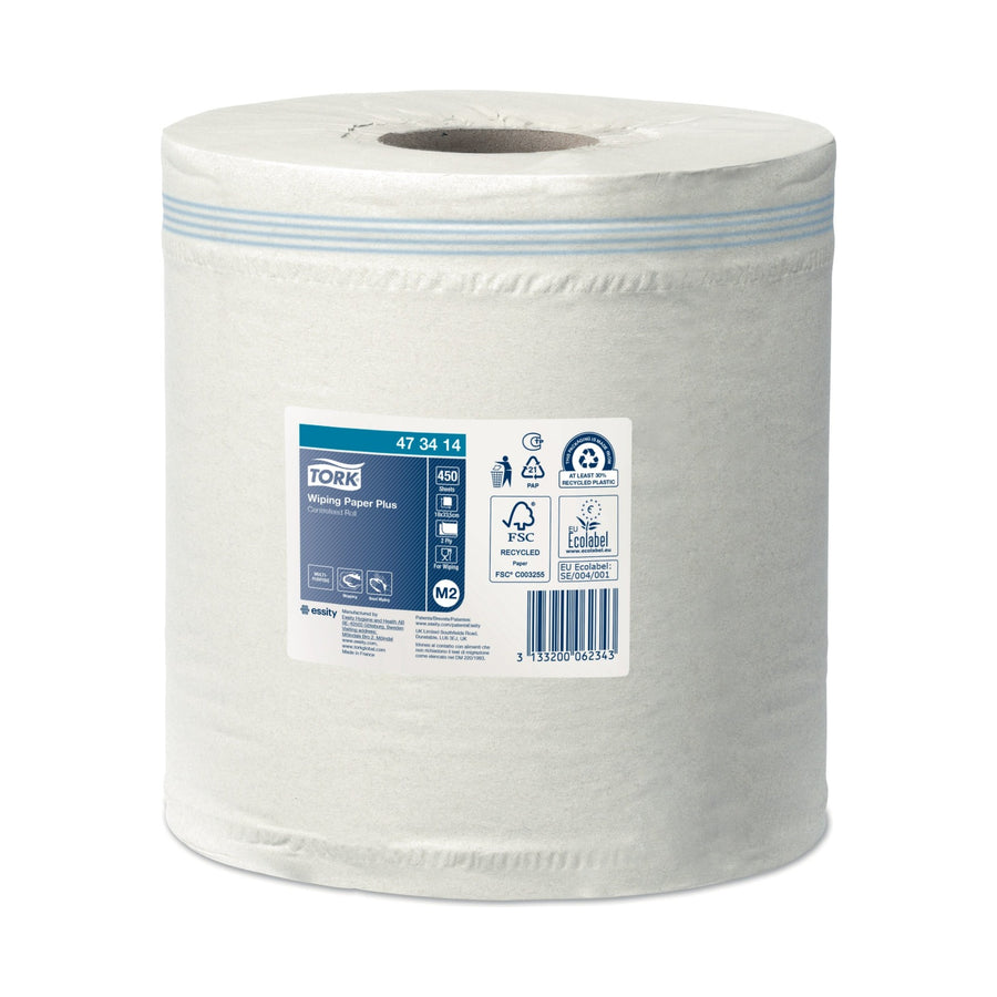 Bobine d'essuyage à dévidage central Tork M2 blanc 450 formats 2 plis 19,4 × 33,5 cm Écolabel
