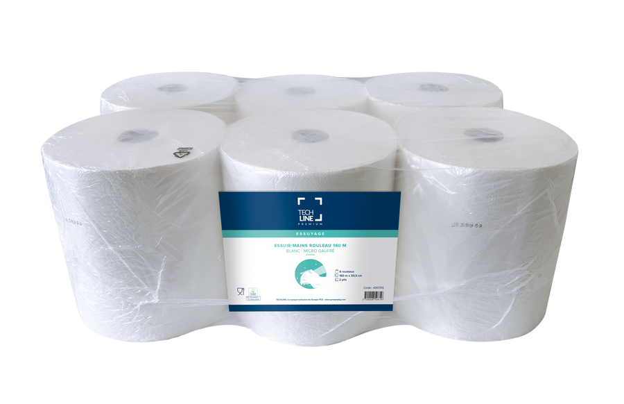 Essuie-mains rouleau Techline blanc 160 m 2 plis, colis de 6