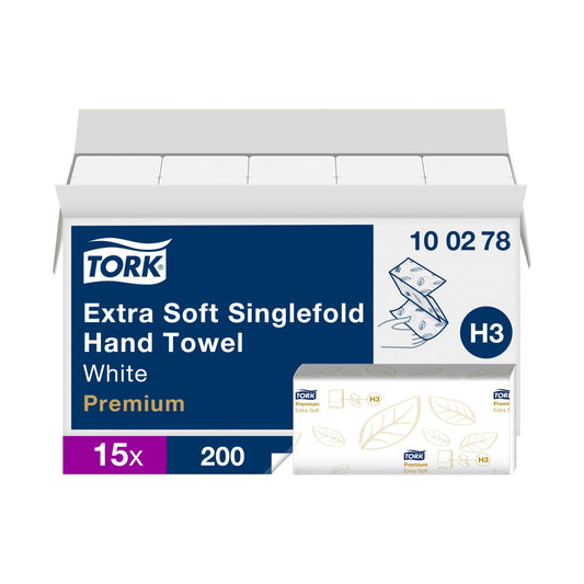 Essuie-mains pliés en V Tork Premium H3 blanc 200 formats 2 plis Écolabel
