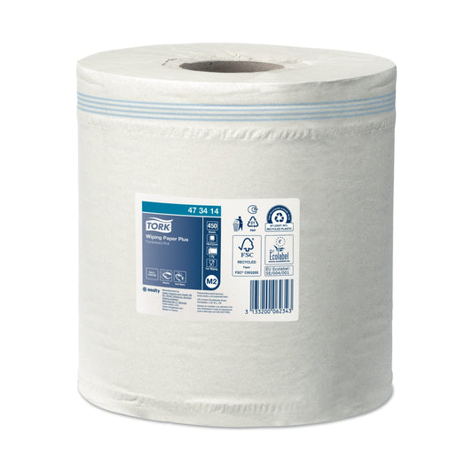Bobine d'essuyage à dévidage central Tork M2 blanc 450 formats 2 plis 19,4 × 33,5 cm Écolabel