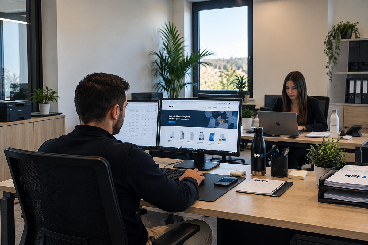 Bureau avec deux personnes au travail, écran affichant le site Hygiène Pro France